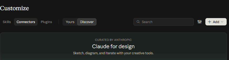 Claude's Customize page with the Connectors tab and the + Add button at the top right